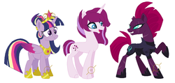 Size: 1075x511 | Tagged: safe, artist:g0ldentoothpick, tempest shadow, twilight sparkle, alicorn, pony, g4, big crown thingy, family, female, jewelry, lesbian, magical lesbian spawn, offspring, parent:tempest shadow, parent:twilight sparkle, parents:tempestlight, regalia, ship:tempestlight, shipping, simple background, twilight sparkle (alicorn), white background