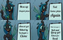 Size: 800x513 | Tagged: safe, artist:pony-berserker edits, edit, queen chrysalis, changeling, changeling queen, a canterlot wedding, frenemies (episode), g4, the mean 6, to where and back again, chrysalis is an idiot, chrysalis' plan, despicable me, female, gru's plan, meme, the definition of insanity