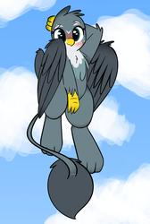 Size: 2529x3764 | Tagged: safe, artist:itsmeelement, gabby, griffon, g4, arm behind head, blushing, cloud, female, flying, high res, looking at you, sky, solo