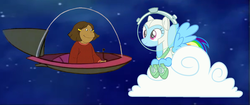 Size: 2233x934 | Tagged: safe, artist:guihercharly, rainbow dash, g4, arthur, astrodash, astronaut, clothes, cloud, costume, crossover, francine frensky, glass dome, op is on drugs, spaceship, the jetsons, wat