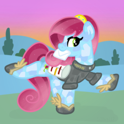 Size: 2100x2100 | Tagged: safe, artist:sjart117, oc, oc only, oc:rose letter, crystal pony, pony, bush, clothes, female, grass, hairband, high res, hill, hoof shoes, letter, mail, mailbag, mailmare, mailpony, mare, mouth hold, saddle bag, shoes, sky, solo, strutting, sunrise, tree