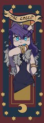 Size: 728x2048 | Tagged: safe, artist:snowillusory, part of a set, rarity, unicorn, semi-anthro, g4, bracelet, clothes, dress, ear piercing, earring, female, greed, horn, horn jewelry, jewelry, mare, piercing, sin of greed, solo