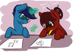 Size: 1280x879 | Tagged: safe, artist:cadetredshirt, oc, oc:arioso, oc:cadetpone, pony, drawing, glasses, green eyes, mouth hold, oc x oc, pencil, pencil in mouth, shipping, simple background