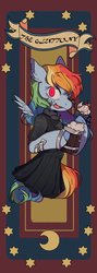 Size: 728x2048 | Tagged: safe, artist:snowillusory, part of a set, rainbow dash, pegasus, semi-anthro, g4, apple cider, clothes, cupcake, dress, ear piercing, female, floating wings, food, licking, licking lips, mare, piercing, sin of gluttony, solo, tongue out, wings