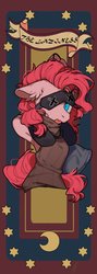 Size: 728x2048 | Tagged: safe, artist:snowillusory, part of a set, pinkie pie, earth pony, semi-anthro, g4, arm hooves, armpits, clothes, dress, ear fluff, female, floppy ears, lazy, mare, pillow, sin of sloth, sleep mask, solo