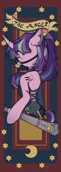 Size: 728x2048 | Tagged: safe, artist:snowillusory, part of a set, starlight glimmer, unicorn, semi-anthro, g4, angry, arm hooves, baseball bat, choker, clothes, dress, ear piercing, female, mare, mask, piercing, sin of wrath, solo, spiked choker, tattoo, weapon, wing tattoo