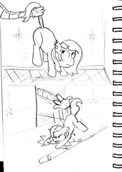 Size: 2689x3791 | Tagged: safe, artist:rusticanon, oc, oc only, oc:dizzy cream, bat pony, pony, robot, wingless bat pony, comic:dizzy's daycare, abdl, bat pony oc, bath, comic, conveyor belt, dropped, falling, hanging, high res, lineart, machine, mechanical hands, monochrome, nursery, sketch, solo, suspended, traditional art, wingless