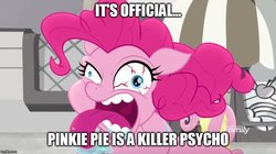 Size: 888x499 | Tagged: safe, edit, edited screencap, screencap, fluttershy, pinkie pie, earth pony, pegasus, pony, g4, my little pony: rainbow roadtrip, bloodshot eyes, caption, crazy face, discovery family logo, drool, evil eye, faic, female, hope hollow, horrifying, image macro, mare, meme, scary face, teeth, terrorize, text, tongue out