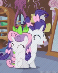 Size: 266x336 | Tagged: safe, screencap, rarity, spike, sweetie belle, dragon, pony, unicorn, g4, sisterhooves social, animated, eyes closed, female, filly, gif, male, mare