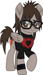 Size: 532x915 | Tagged: safe, artist:lightningbolt, derpibooru exclusive, pegasus, pony, g4, .svg available, clandestine industries, clothes, colored pupils, folded wings, glasses, lidded eyes, looking at you, male, mikey way, movie accurate, my chemical romance, ponified, raised hoof, shirt, simple background, solo, stallion, standing, svg, t-shirt, transparent background, vector, wings, wristband