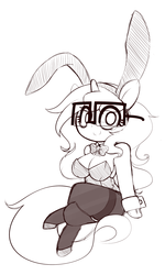 Size: 1800x3000 | Tagged: safe, artist:fullmetalpikmin, oc, oc only, oc:insatiable void, unicorn, semi-anthro, arm hooves, bowtie, breasts, bunny ears, bunny suit, chestbreasts, clothes, cuffs (clothes), female, glasses, milf, pantyhose, solo
