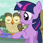Size: 150x150 | Tagged: safe, screencap, owlowiscious, twilight sparkle, bird, owl, pony, unicorn, g4, owl's well that ends well, animated, cute, gif, gif for breezies, picture for breezies