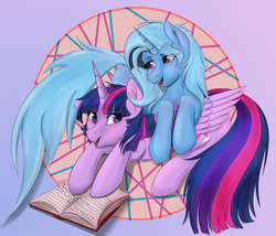 Size: 3100x2650 | Tagged: safe, artist:ellynet, trixie, twilight sparkle, alicorn, pony, unicorn, g4, blushing, book, duo, female, folded wings, high res, lidded eyes, looking at each other, reading, twilight sparkle (alicorn), wings