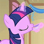 Size: 150x150 | Tagged: safe, screencap, twilight sparkle, pony, unicorn, a bird in the hoof, g4, season 1, animated, female, gif, gif for breezies, picture for breezies, solo, spit take, unicorn twilight