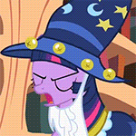 Size: 150x150 | Tagged: safe, screencap, star swirl the bearded, twilight sparkle, earth pony, pony, unicorn, g4, luna eclipsed, animated, clothes, cosplay, costume, female, gif, gif for breezies, golden oaks library, nightmare night costume, picture for breezies, solo, star swirl the bearded costume, twilight the bearded