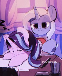 Size: 1661x2048 | Tagged: dead source, safe, artist:poneko-chan, starlight glimmer, trixie, pony, unicorn, g4, blanket, desk, duo, female, mare, sleeping, smiling, starlight's office, tired