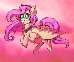 Size: 1200x1000 | Tagged: safe, artist:cinnamonsparx, fluttershy, pegasus, pony, g4, blushing, female, floral necklace, hooves to the chest, mare, solo, spread wings, three quarter view, wings