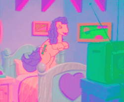 Size: 500x409 | Tagged: safe, screencap, earth pony, pony, g1, animated, bed, female, gif, jumping, solo, television