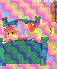 Size: 200x240 | Tagged: safe, edit, edited screencap, screencap, apple bloom, fluttershy, scootaloo, sweetie belle, earth pony, pegasus, pony, unicorn, g4, stare master, animated, bed, cutie mark crusaders, female, gif, hush now quiet now