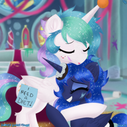 Size: 3000x3000 | Tagged: safe, artist:darkest-lunar-flower, princess celestia, princess luna, alicorn, pony, g4, canterlot throne room, commission, diet, donut, duo, duo female, ethereal mane, eyes closed, female, food, high res, missing accessory, prank, royal sisters, siblings, sisters, smiling, smirk, starry mane, sticky note, trolluna