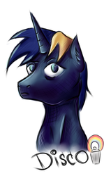 Size: 1539x2417 | Tagged: safe, artist:coco-drillo, oc, oc only, pony, unicorn, badge, blonde mane, blue eyes, blue fur, blue mane, bust, calm, head, male, simple background, solo, stallion, thinking, thoughtful, trash can, white background