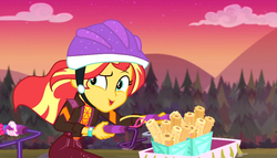 Size: 1892x1080 | Tagged: safe, screencap, pinkie pie, sunset shimmer, equestria girls, equestria girls series, g4, sunset's backstage pass!, spoiler:eqg series (season 2), basket, bicycle, bike helmet, churros, female, food, geode of empathy, helmet, magical geodes, mountain, mountain range, offscreen character, outdoors, raised eyebrow, tandem bicycle