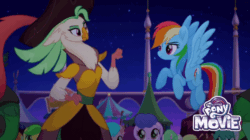 Size: 720x402 | Tagged: safe, screencap, apple fritter, boyle, captain celaeno, rainbow dash, earth pony, parrot pirates, pegasus, pony, unicorn, g4, my little pony: the movie, animated, apple family member, background pony, canterlot, female, fist bump, friendship festival, gif, hoofbump, mare, market, pirate, unnamed character, unnamed pony