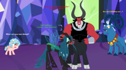 Size: 1183x663 | Tagged: safe, artist:andoanimalia, artist:cloudy glow, artist:dragonchaser123, artist:nukarulesthehouse1, artist:ponponvector, edit, vector edit, cozy glow, grogar, lord tirek, queen chrysalis, centaur, changeling, changeling queen, pegasus, pony, sheep, g4, bow, caption, cloven hooves, cozy glow is not amused, female, filly, foal, funny, hair bow, image macro, legion of doom, male, nose piercing, nose ring, piercing, ram, septum piercing, ship:chrysirek, shipping, straight, text, twilight's castle, vector