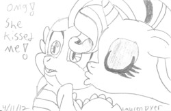 Size: 1210x788 | Tagged: safe, artist:lfcharactercomics, rarity, spike, dragon, pony, unicorn, g4, 2012, cheek kiss, dated, duo, female, grayscale, kissing, male, mare, monochrome, ship:sparity, shipping, straight, traditional art