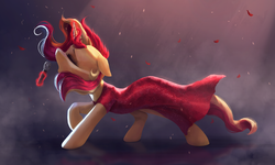 Size: 4000x2400 | Tagged: safe, artist:vanillaghosties, sunset shimmer, pony, unicorn, g4, clothes, dress, eyes closed, female, floppy ears, glowing horn, horn, mare, microphone, open mouth, raised hoof, singing, solo