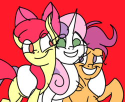 Size: 946x773 | Tagged: safe, artist:treble clefé, apple bloom, scootaloo, sweetie belle, earth pony, pegasus, pony, unicorn, g4, growing up is hard to do, cute, cutie mark crusaders, female, group hug, hug, mare, no pupils, older, older apple bloom, older scootaloo, older sweetie belle, trio