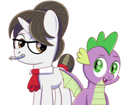 Size: 2529x2070 | Tagged: safe, artist:trackheadtherobopony, raven, spike, dragon, pony, unicorn, g4, ascot, female, glasses, hair bun, high res, horn, ink pen, male, mare, secretary, ship:ravenspike, shipping, simple background, straight, transparent background, wings