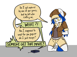 Size: 2917x2160 | Tagged: safe, artist:spheedc, oc, oc only, oc:light chaser, earth pony, anthro, semi-anthro, arm behind back, arm hooves, clothes, digital art, hat, high res, kneeling, simple background, solo, speech bubble, tied up, walkie talkie