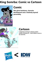 Size: 1444x2188 | Tagged: safe, edit, edited screencap, screencap, king sombra, radiant hope, g4, idw, the crystal empire, spoiler:comic, spoiler:comicfiendshipismagic1, comments locked down, comparison, debate in the comments, female, hasbro logo, male, op is a duck, op is trying to start shit, ship:hopebra, shipping, sombra drama, sombra eyes, straight, text