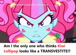Size: 1280x922 | Tagged: safe, edit, edited screencap, screencap, kiwi lollipop, equestria girls, equestria girls specials, g4, my little pony equestria girls: better together, my little pony equestria girls: sunset's backstage pass, angry, close-up, discovery kids, female, headcanon, k-lo, lgbt, looking at you, op is a duck, op is trying to start shit, op is trying to start shit so badly that it's kinda funny, question, solo, spanish, text