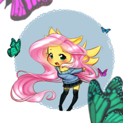 Size: 1000x1000 | Tagged: safe, artist:datpon3, fluttershy, butterfly, anthro, unguligrade anthro, g4, anime, black skirt, black socks, blushing, chibi, clothes, female, looking at you, open mouth, skirt, smiling, socks, solo
