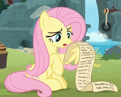 Size: 1301x1040 | Tagged: safe, screencap, angel bunny, fluttershy, g4, she talks to angel, body swap, cropped, female, scroll, solo, waterfall, wing hands, wing hold, wings