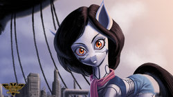 Size: 3840x2160 | Tagged: safe, artist:tsaritsaluna, cyborg, pony, alita, alita: battle angel, battle angel alita, city, clothes, female, gally, high res, jeans, looking at you, pants, ponified, scarf, solo, tank top, uncanny valley