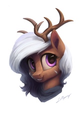 Size: 2000x3000 | Tagged: safe, artist:lollipony, oc, oc only, oc:dark oak, deer, pony, antlers, bust, commission, cute, female, high res, mare, painting, portrait, simple background, smiling, solo, white background