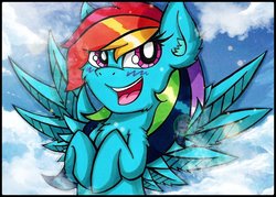 Size: 1024x733 | Tagged: safe, artist:canvymamamoo, rainbow dash, pegasus, pony, g4, blushing, chest fluff, cloud, ear fluff, female, happy, mare, open mouth, smiling, solo, spread wings, wings