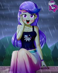 Size: 920x1160 | Tagged: safe, artist:the-butch-x, snow flower, equestria girls, equestria girls series, g4, let it rain, spoiler:eqg series (season 2), background human, blushing, breasts, busty snow flower, butch's hello, cleavage, clothes, cute, equestria girls logo, female, headband, heart eyes, long skirt, looking at you, midriff, rain, signature, sitting, skirt, sleeveless, solo, tank top, wingding eyes