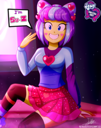 Size: 920x1160 | Tagged: safe, artist:the-butch-x, supernova zap, equestria girls, equestria girls series, g4, sunset's backstage pass!, spoiler:eqg series (season 2), butch's hello, clothes, cute, equestria girls logo, female, looking at you, miniskirt, signature, skirt, smiling, socks, solo, su-z, su-z-betes, thigh highs, thigh socks, zettai ryouiki