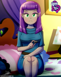 Size: 920x1160 | Tagged: safe, artist:the-butch-x, boulder (g4), maud pie, human, equestria girls, g4, bed, butch's hello, equestria girls logo, eyeshadow, female, legs, looking at you, makeup, neutral expression, pillow, signature, sitting, solo