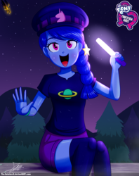 Size: 920x1160 | Tagged: safe, artist:the-butch-x, space camp, equestria girls, g4, my little pony equestria girls: better together, background human, butch's hello, clothes, cute, equestria girls logo, female, glowstick, happy, hat, looking at you, meteor, meteor shower, night, not luna, open mouth, pants, shorts, signature, sitting, smiling, socks, solo, thigh highs, thigh socks, tree, waving