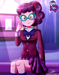 Size: 920x1160 | Tagged: safe, artist:the-butch-x, varsity trim, equestria girls, equestria girls series, g4, my little pony equestria girls: friendship games, background human, bowtie, butch's hello, clothes, confused, crystal prep academy uniform, equestria girls logo, female, glasses, legs, looking at you, plaid skirt, pleated skirt, ponytail, school uniform, skirt, socks, solo, thighs