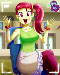 Size: 920x1160 | Tagged: safe, artist:the-butch-x, rose heart, equestria girls, g4, armpits, background human, beautiful, bracelet, breasts, busty rose heart, butch's hello, chair, crossed legs, cute, ear piercing, earring, equestria girls logo, female, jazz hands, jewelry, lipstick, looking at you, open mouth, piercing, sitting, smiling, solo