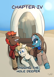 Size: 5100x7242 | Tagged: safe, artist:tyscope, oc, oc only, oc:idol hooves, oc:wasta matter, oc:zaimare, changeling, earth pony, pegasus, pony, fanfic:the changeling of the guard, caravan, changeling oc, desert, disguise, disguised changeling, fanfic, fanfic art, female, male, mare, stallion, wagon