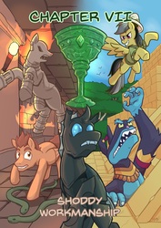 Size: 2000x2828 | Tagged: safe, artist:tyscope, ahuizotl, daring do, oc, oc:idol hooves, changeling, golem, pegasus, pony, snake, fanfic:the changeling of the guard, g4, ancient ruins, chalice, changeling oc, disguise, disguised changeling, fanfic, fanfic art, female, goblet, high res, jungle, mare, ruins, temple