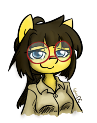 Size: 355x450 | Tagged: safe, alternate version, artist:spheedc, oc, oc only, oc:sphee, earth pony, anthro, breasts, clothes, digital art, female, glasses, redraw, simple background, smug, solo, transparent background
