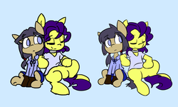 Size: 2500x1500 | Tagged: safe, artist:spheedc, oc, oc only, oc:bolly, oc:sphee, earth pony, pony, clothes, comparison, digital art, eyes closed, female, filly, glasses, male, mare, redraw, simple background, stallion